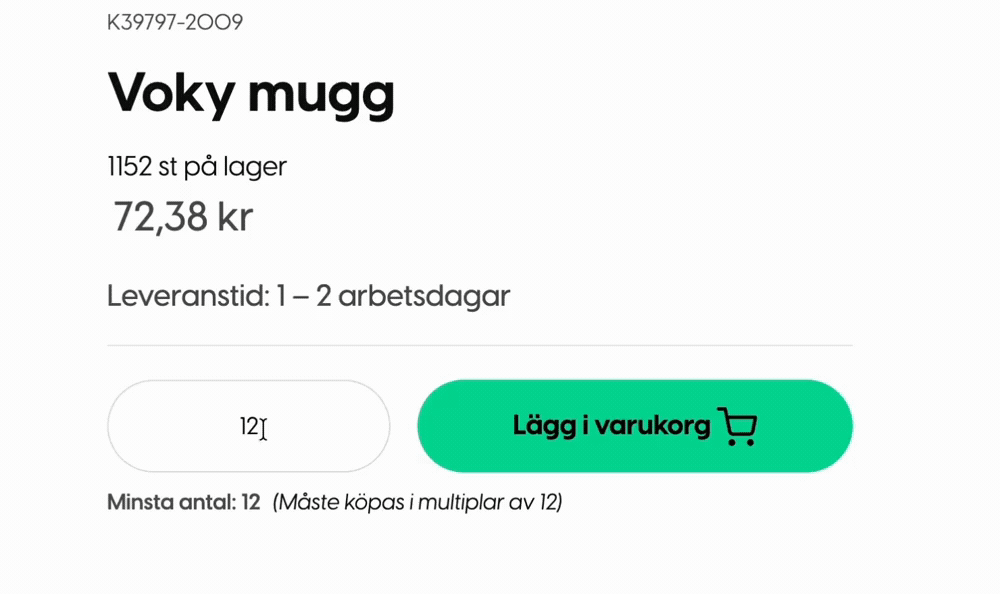 En produktsida där antalet 57 rundas upp till 60 för att matcha multiplar om 12.